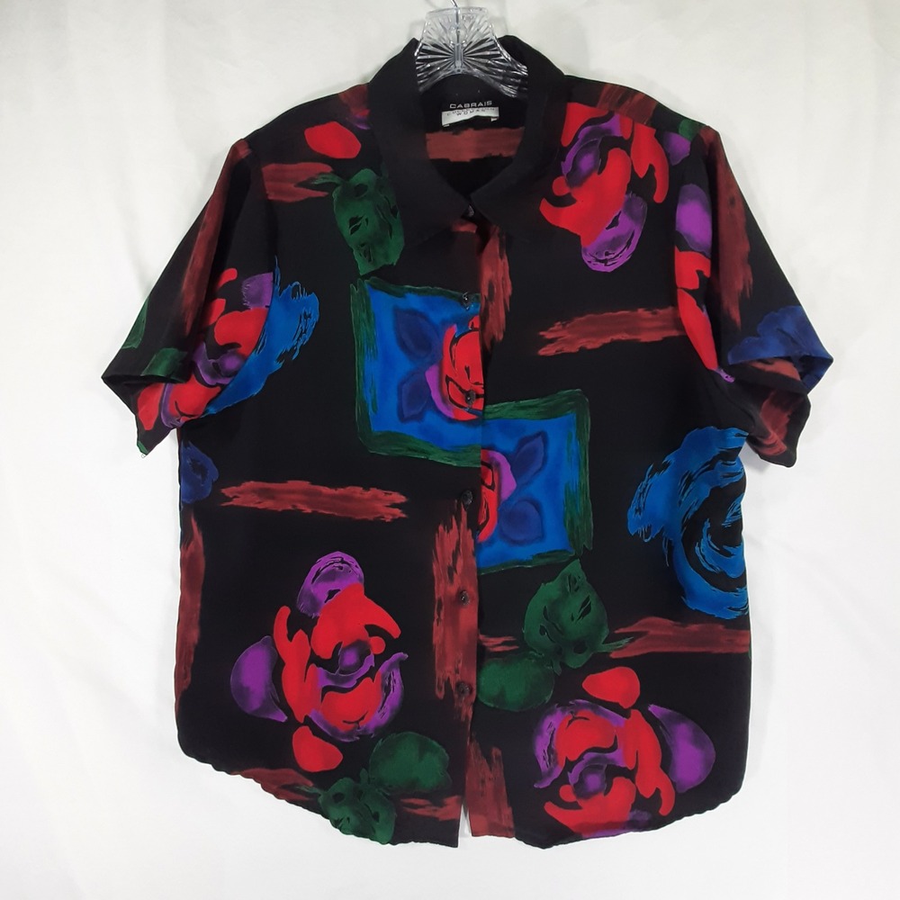 Vintage Cabrais Watercolor Floral Button Up Top Black‎ Artsy 80s 90s Resort Core